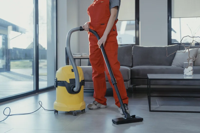 A cleaner vacuuming a sunlit living room